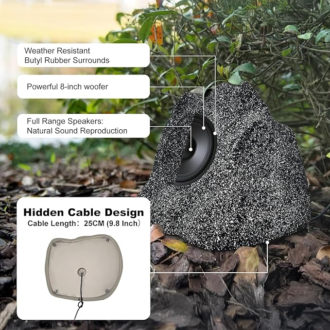 Herdio 8" Outdoor Rock Passive Speakers 600 Watt,IPX7 Waterproof,Hardwired, for Pool,Garden,Deck,Outdoor Activities (Black,Pair)