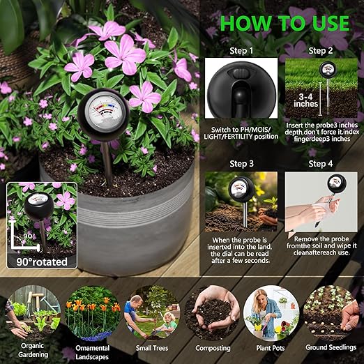 4-in-1 Soil Tester, Soil Moisture Meter/Soil PH Meter/Sun-Light/Fertility, Moisture Meter for Plants Gardening, Lawn, Farm (No Battery Required)