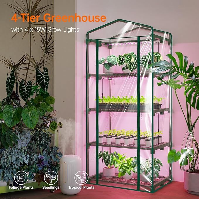 Indoor Greenhouse with Grow Lights, 4 Tier 27.2" L×19.9" W×61.8" H Mini Greenhouse with Zippered PVC Cover for Seed Starting Trays, Dimmable 2FT 60W Plant Light for Indoor Plants with Timer