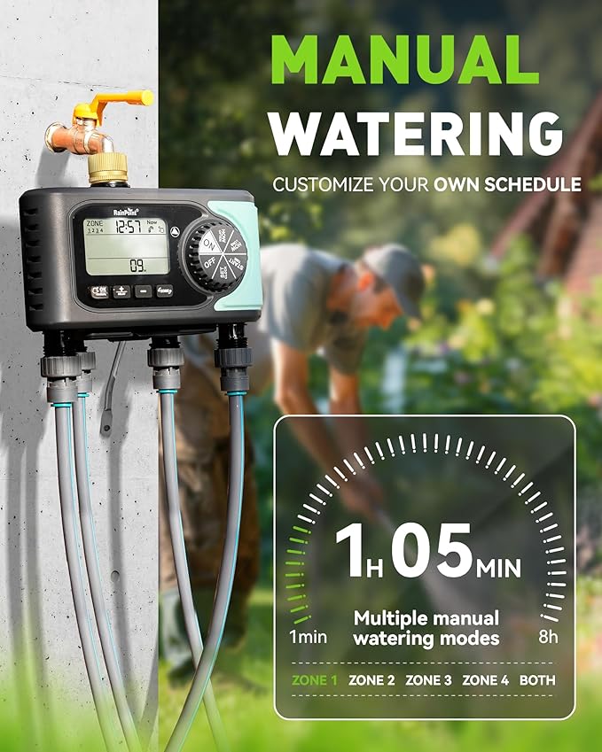 RAINPOINT Sprinkler Timer, 4 Outlets Hose Timer with Brass Inlet with Rain Delay/Manual/Automatic Controller System, Programmable Digital for Lawn Yard, 4 Zone