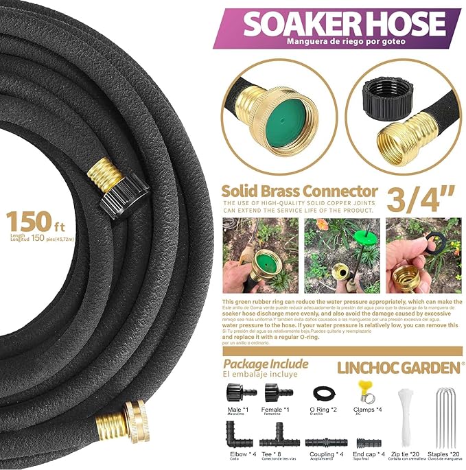 LICNCHOC GARDEN Soaker Hose 150ft,1/2 INCH Flexible Durable Garden Hose for Efficient Watering, Leak-Proof Design 100% Recycled Rubber,Ideal for Lawns,Gardens & Flower Beds