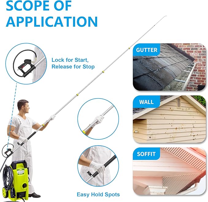 24 FT Telescoping Pressure Washer Wand Extension, Aluminum Power Washer Extension Wand with 7 Nozzle Tips, 3 Adapters & Support Harness, Gutter Cleaning Tools for 2 Story House