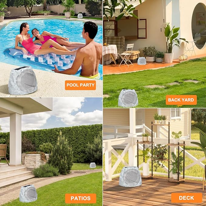 Outdoor Speakers Solar Powered & USB-C Charging Rock Speaker TWS Pairing Wireless Outdoor Speaker Bluetooth 5.4, LED Light Show, Waterproof, ideal for Backyard BBQ, Garden, Poolside (2-Pc,Grey)