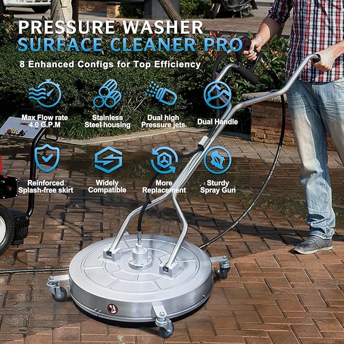 RAYNEL 24'' Pressure Washer Surface Cleaner with 4 Wheels, Dual Handle, Stainless Steel Housing, 2 Hose Adapters, 4 Replacement Nozzles