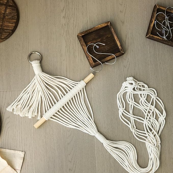 2Pcs Macrame Plant Hangers Indoor Macrame Hanging Planters Large for up to 10 inch Pot No Tassels Long Crochet Boho Plant Hanger Holder for Indoor Outdoor Plants with 2 Hooks(White Wood Hanger)