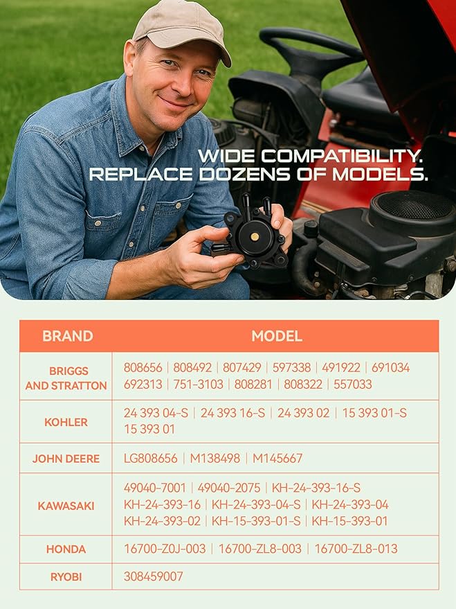 Fuel Pump Compatible with Kohler Briggs and Stratton Mikuni Cub Cadet John Deere 808492 808656 for Lawn Mower Golf Cart Club Car Fits Kawasaki Yamaha Ezgo Honda Husqvarna Toro with Filter and Oil Hose