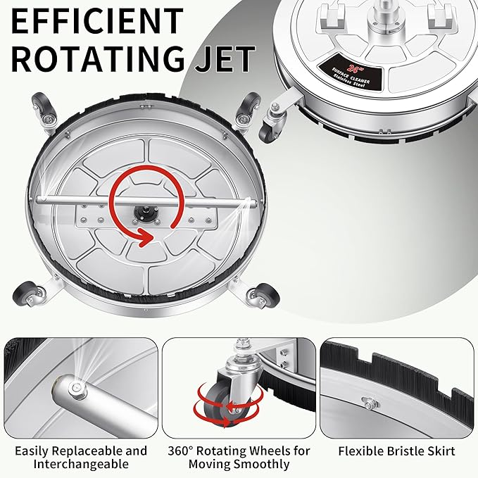 24" Pressure Washer Surface Cleaner with 4 Wheels - Stainless Steel Dual Handle Surface Cleaner for Pressure Washer Attachment for Concrete, Patio, Sidewalk, Deck and Driveways
