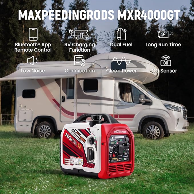 maXpeedingrods 4000 Watt Dual Fuel Inverter Generator with Bluetooth® Control Start and Display, RV Ready, Electric Start, Quiet for Outdoor Camping, Home Backup, Garden，PGMA Compliant