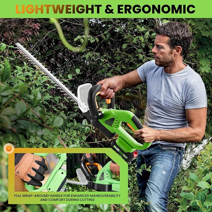 Saker Cordless Hedge Trimmer, 20” 22V Electric Bush Trimmer Handheld Shrub Trimmer, Lightweight Hedge Clippers with Dual-Action Blades, 9/16" Cutting Capacity, 2 Batteries and Charger Included