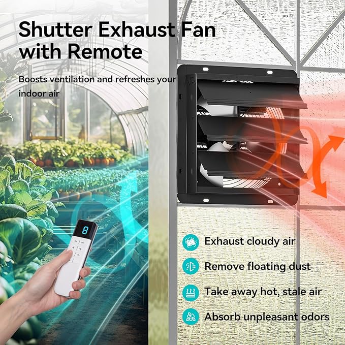 addlon 12 Shutter Exhaust Fan Wall Mounted with EC Motors and Remote Control, Timer, 8 Speeds, 1250CFM, Low Noise, Easy to Install, Plug in Ventilation Fan for Garages, Shops, Greenhouse, Attic