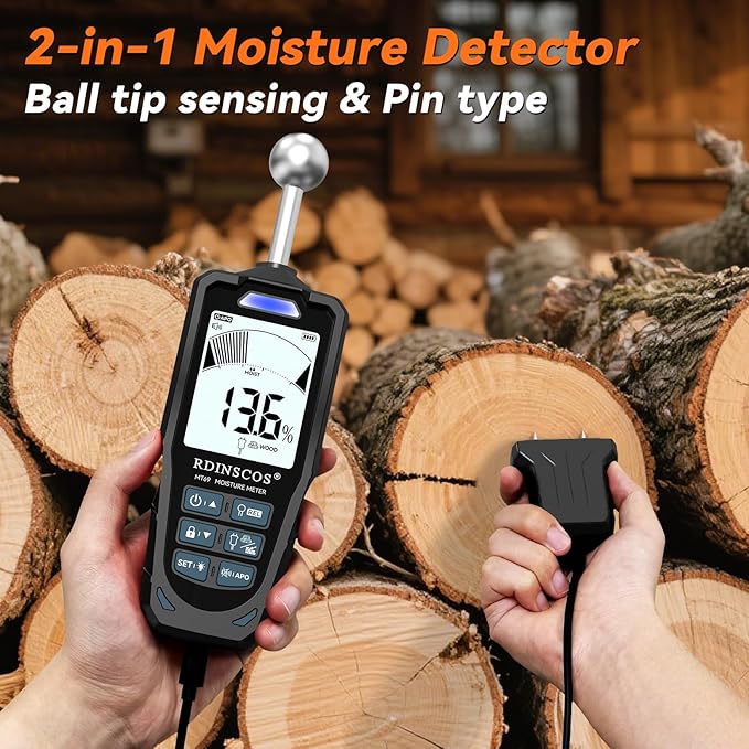 2-in-1 Pin & Pinless Moisture Meter, Digital Moisture Detector for Wood, Drywall & Building Materials, Large LCD Display, 3-Color Indicator, Calibration, Rechargeable Battery
