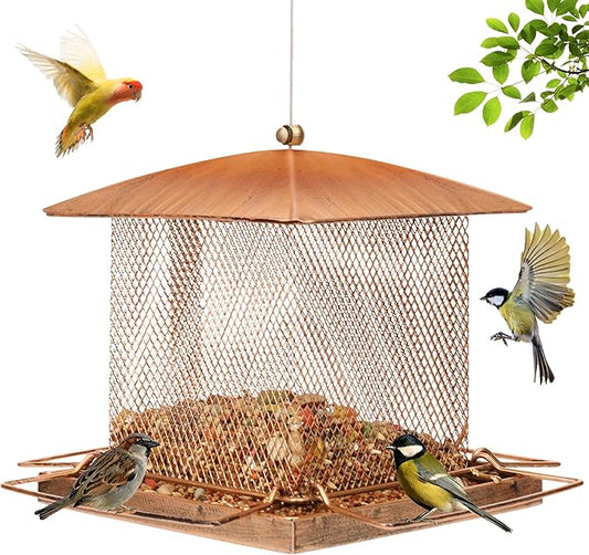 Bird Feeder, Heavy Duty Metal Bird Feeders for Outdoors Hanging, 3.5LB Large Capacity Squirrel Proof BirdFeeders with Rainproof Roof, for Garden Yard Outside Backyard