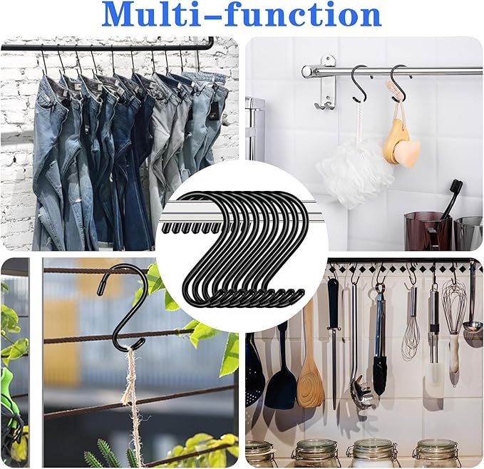 12 Pack 4 Inch S Hooks for Hanging Plants,Heavy Duty S Hook Vinyl Coated Non Slip Clothes Black S Hooks Pot Rack Closet Hooks for Hanging Plants, Clothes, Kitchen Utensil, Pots, Pans, Bags