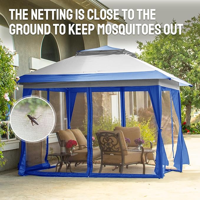 CROWN SHADES 13x13 Pop Up Gazebo, Canopy Tent, Gazebos on Clearance - Outdoor Gazebo for Backyard & Patio Furniture - Carpa Pop Up Tent with Wheeled STO-N-Go Cover Bag (Blue & Grey)