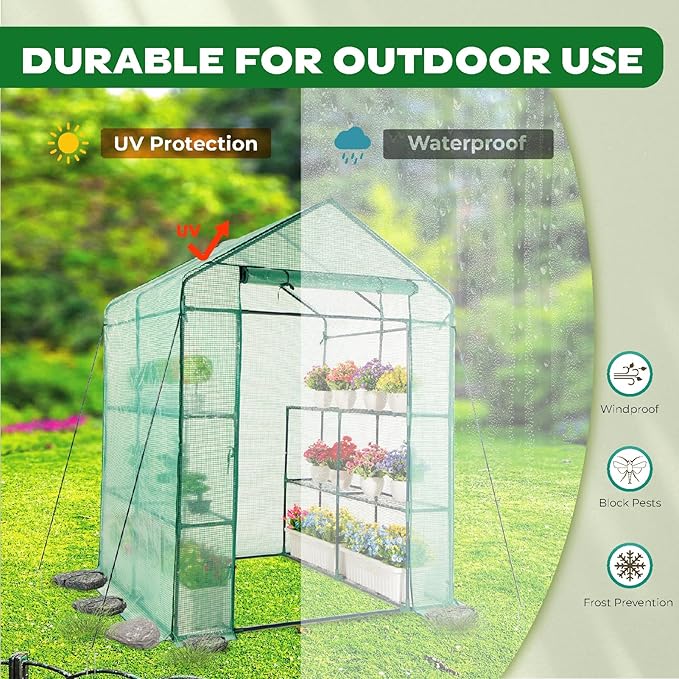 IDZO Walk in Greenhouse, Outdoor Greenhouse with Durable PE Cover & Sturdy Steel Frame for All Seasons, Convenient Rollable Door, Anchor & Rope Included for More Stable Stand, Easy to Install