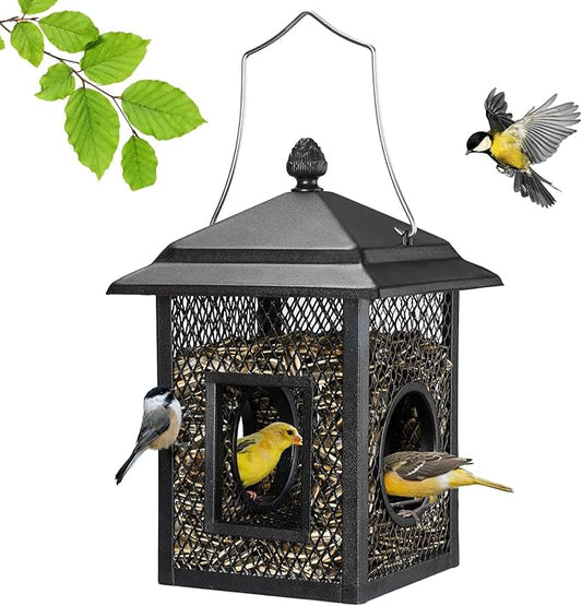 Veehoo Metal Bird Feeder for Outdoors Hanging, Fly Through Wild Birdfeeder Outside, Finch Cardinal Chickadee Feeders for Peanut Sunflower Seed, Black