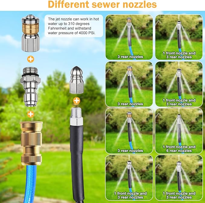 10Pcs Sewer Jetter Kit,Sewer jetter Nozzle, Sewer Rotary Button Pressure Cleaning Accessory, 5000 PSI High-Pressure Nozzle Heads Quick Connection Kit.