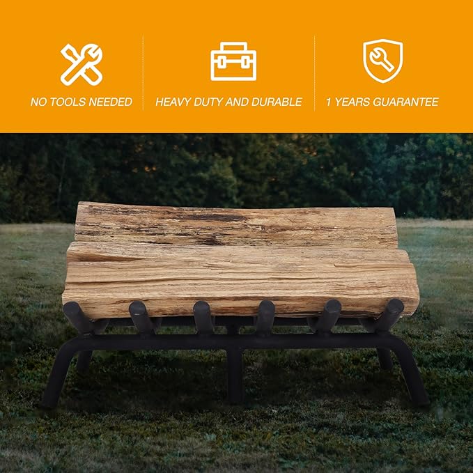 Fireplace Grate 17 Inch Solid Round Steel 3/4" Bar Heavy Duty Firewood Stove Log Holder Rack Grates Wrought Cast Iron Indoor Outdoor Camping Chimney Hearth Wood Burning Fireplace Accessories Tools