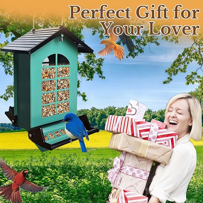Bird Feeder Squirrel Proof, Hanging Metal Bird Feeders for Outdoors, 6LBS Large Capacity Weight-Activated Perches Wild Birdfeeder for Blue Jay, Cardinal, Garden