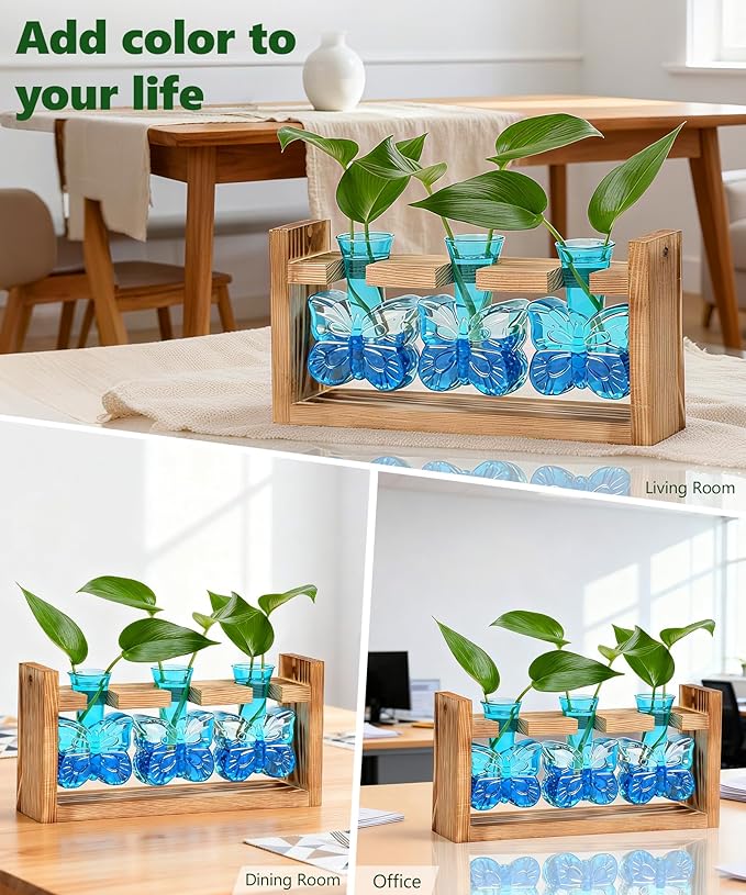 Nacome Plant Terrarium with Wooden Stand,Butterfly-Shaped Glass Vase Planter Propagation Station for Home Office Decor, Unique Gifts for Plant Lovers Women Mom(Blue)