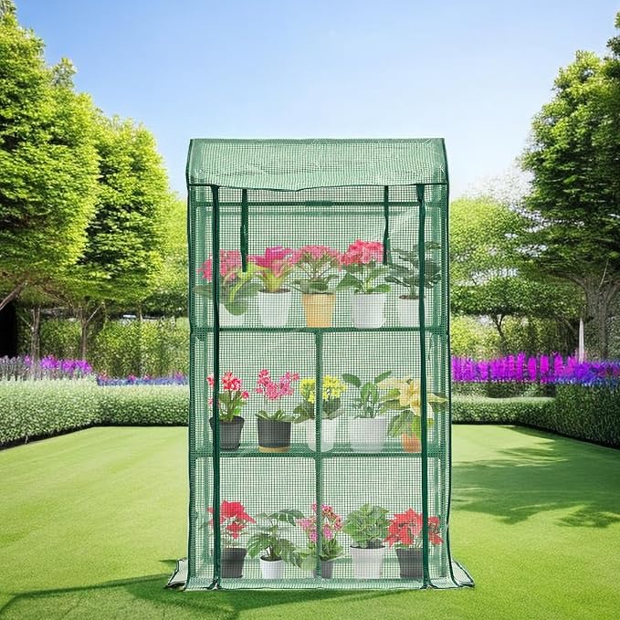 Mini Greenhouse for Indoor Outdoor, Small Plastic Plant Green House Rack Stand Portable Greenhouses with Durable PE Cover for Seedling 60 "x 35"x 16",20 Pcs T-Type Plant Tags Include（PLGH4053G）