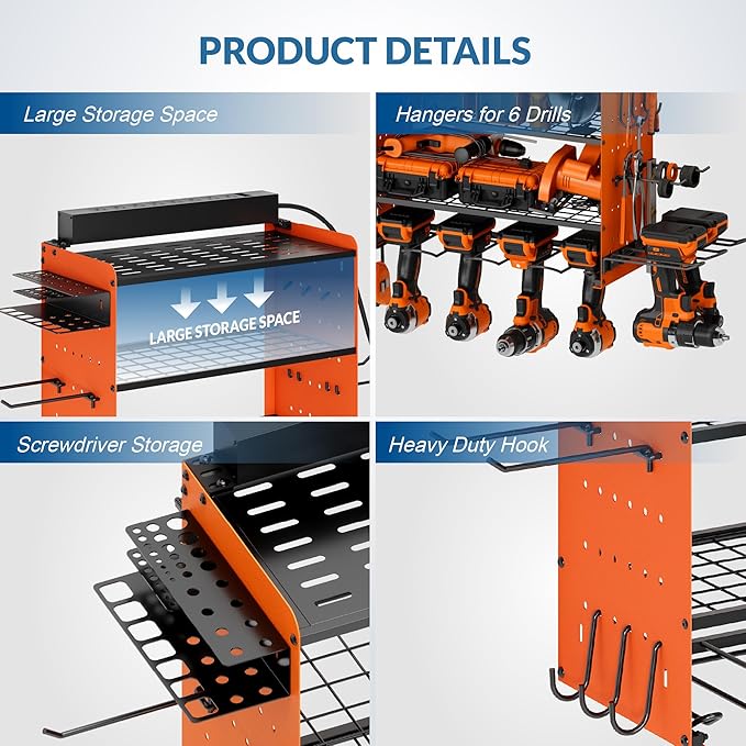 Power Tool Organizer with Charging Station, 4 Layers Garage Storage Rack with 6 Drill Holders, Father's Days Gift For Dad, Wall Mount Garage Organizer Built in 8 Outlets Power Strip, Orange