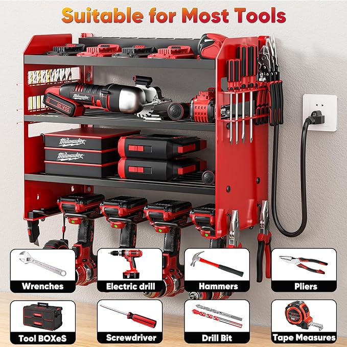 Power Tool Organizer Wall Mount with Charging Station,Tool Storage Rack with 8 Outlet Power Strip,Heavy Duty Metal Battery Utility Rack with 4 Cordless Drill Holder 6.56 Ft Cord for Garage