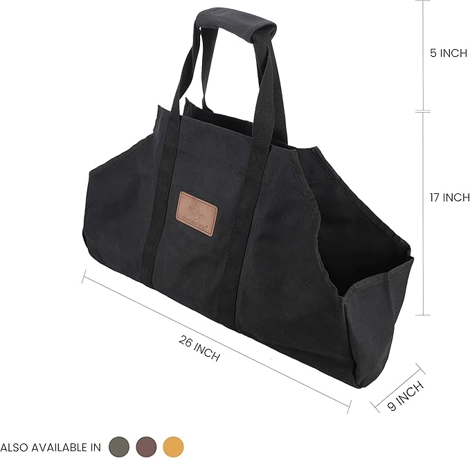 WHITEDUCK TUFF Large Firewood Carrier 21 Oz. Heavy Duty Waxed Canvas Log Carrier Holder for Fireplace, Carrying Wood Indoor & Outdoor (Black, Boat Shape (26"x17"x9"))