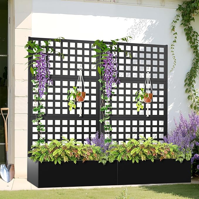 Metal Planter Box with Trellis, Heavy-Duty Raised Garden Bed for Climbing Plants, Drainage Hole, Outdoor Planter Box with Privacy Screen，35''L×16''W×71''H