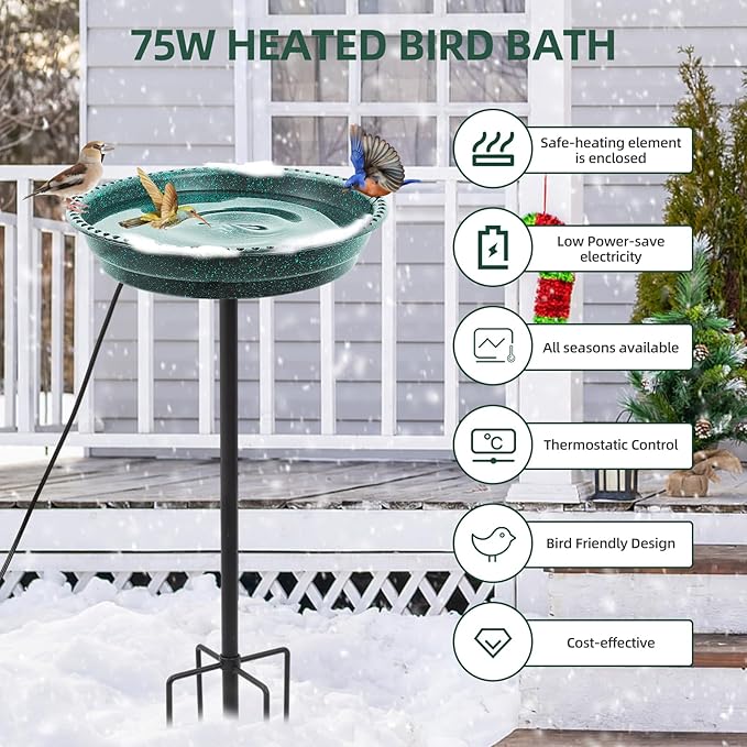 Heated Bird Bath for Outdoors for Winter, 75W Bird Bath Water Heater Bird Bath Deicer,Deep Bowl Thermostatic Control Weather Resistance Available with Stable Metal Pole for All Seasons(Green)