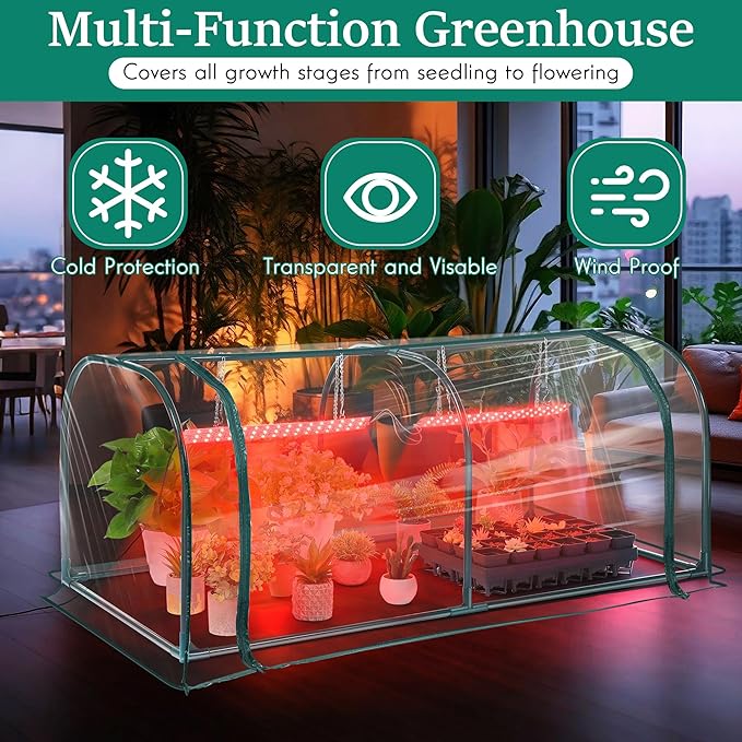 Meonum Indoor Greenhouse with Grow Lights, 51.18 "L x 25.59" W x 21.65" H Small to Medium Portable Greenhouse with 13W Dual Growing Lamps, PVC Film, Timing Function, for Seed Starting