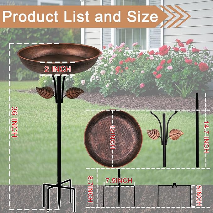Metal Bird Bath for Outdoors, 12" Dia Bowl with Stable Upgrades Stake Birdbaths Garden Yard Lawn Decor 0.7 Gallon
