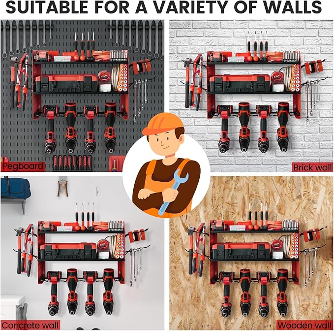 TRZZ Power Tool Organizer Wall Mount, 3-Layer Drill Holder with 2 Side Pegboards, Cordless Drill Rack with 4 Hooks, Efficient Storage for Workshop, Garage, and Tool Room (Red)