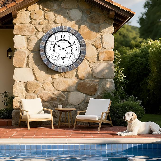 OCEST 18 Inch Large Outdoor Clock Waterproof Thermometer Hygrometer Combo Night Light Illuminated Wall Clocks Battery Operated Silent Non-Ticking Ideal Patio Clock for Garden Pool Porch Yard Garage