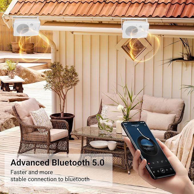 6.5 Inch Max 800W Outdoor Bluetooth Speakers Waterproof Wired with Multifunctional Amplifier Wall Mount Outdoor Speaker System for Patio Garden Poolside Home(4 Speakers,White)