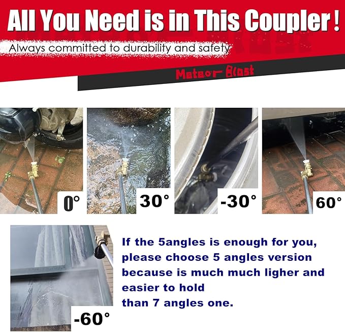 Meteor Blast Pivoting Coupler, 120 Degree with 5 Angles, heavy duty design and Stainless Steel Safety Lock for Pressure Washer Spray Nozzle, Clean Hard to Reach Area, 5000PSI, 1/4” Quick Connect