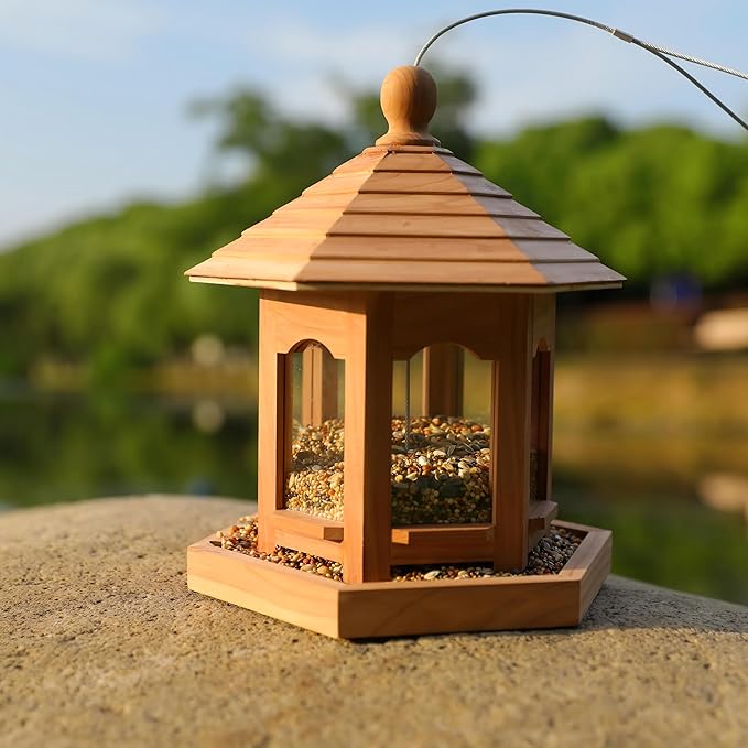 Wooden Bird Feeder for Outdoors Hanging, Red Cedar Hexagon Shaped Large Capacity, Cardinal Birdfeeder for Garden Decoration Yard, Weatherproof and Durable(Medium)