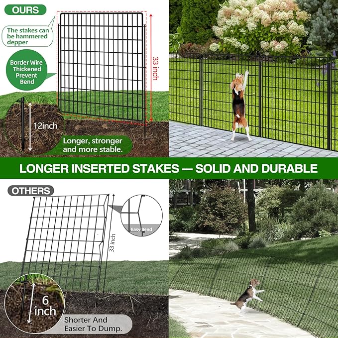 10 Panels Garden Fencing Animal Barrier with Lock, 33 in(H) X 24 ft(L) Dog Fence Outdoor for Yard Rustproof No Dig Decorative Tall Garden Fence Metal Wire Panel Border Rabbit Ground Stakes Fencing