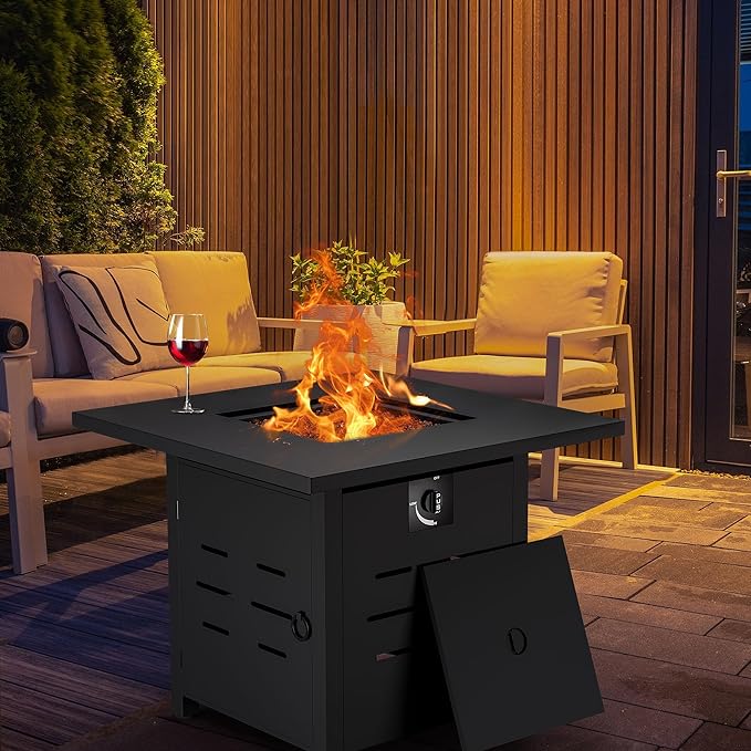 Walsunny 30 inch Outdoor Propane Fire Pit 40,000 BTU Gas Fire Pit Table with Lid & Lava Rock, Waterproof Cover, Square Gas Firepit Table for Garden/Patio, CSA Certification