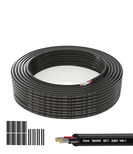 18 AWG 2 Conductor Stranded PVC Electrical Wire - 82.02FT, Oxygen-Free Tinned Copper Core, 12V/24V Low Voltage Flexible Cable for Automotive/Marine LED Strips, Solar Lighting, RV Wiring