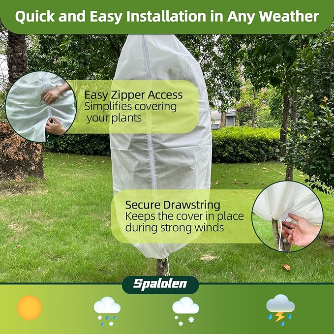 2 Pack Plant Covers Freeze Protection, 40"W x 45"H Winter Frost Blanket 2.36 oz/yd² Fabric Frost Cloth Tree Covers Shrub Jacket Bag with Zipper & Drawstring for Plants Fruit Tree Shrub Potted - White