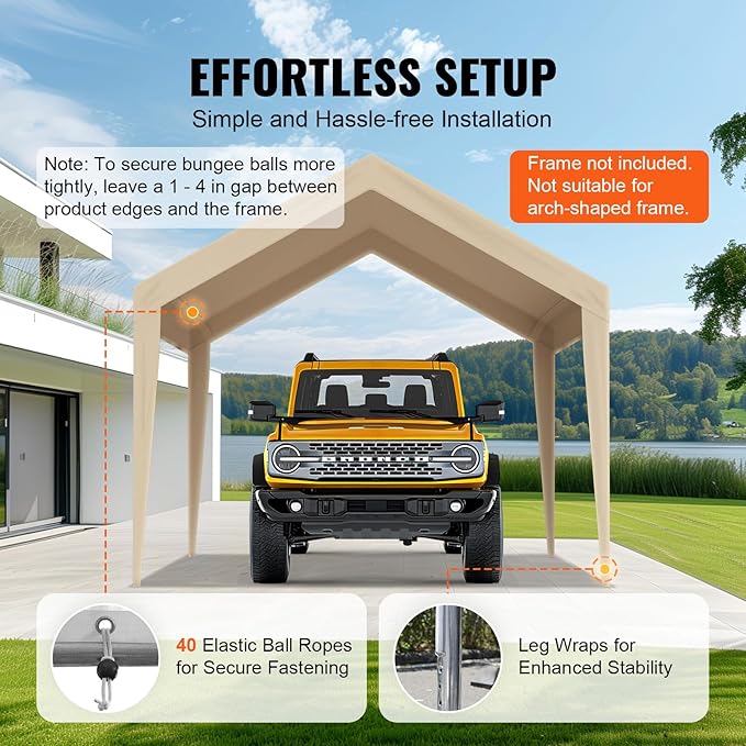 VEVOR Carport Replacement Canopy Cover 10 x 20 ft, Garage Top Tent Shelter Tarp Heavy-Duty Waterproof & UV Protected, Easy Installation with Ball Bungees,Beige (Only Top Cover, Frame Not Include)