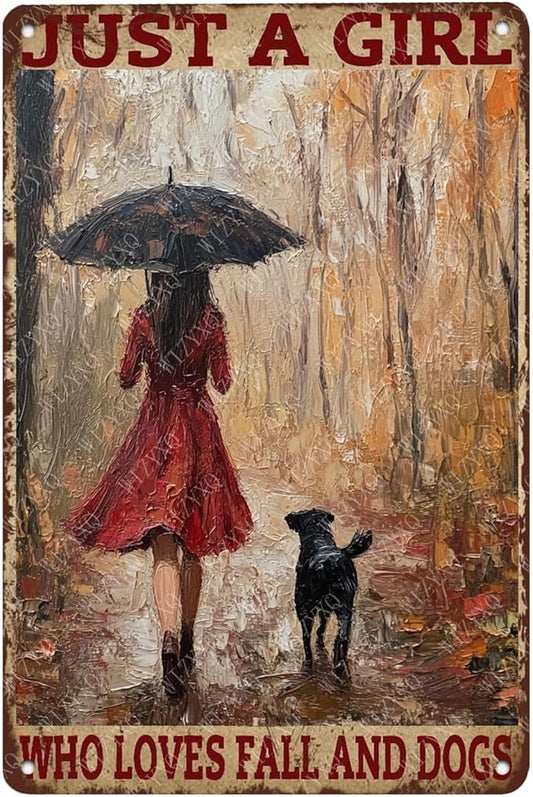 Metal Signs Just A Girl Who Loves Fall And Dogs Tin Signs Autumn Aluminum Sign for Living Room Bedroom Bar Cafe Yard Garden Office Wall Decor 12×8 Inch