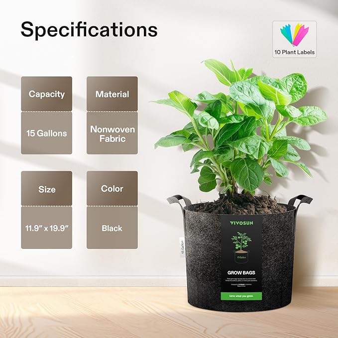 VIVOSUN 5-Pack 15 Gallon Plant Grow Bags, Heavy Duty Thickened Nonwoven Fabric Pots with Handles