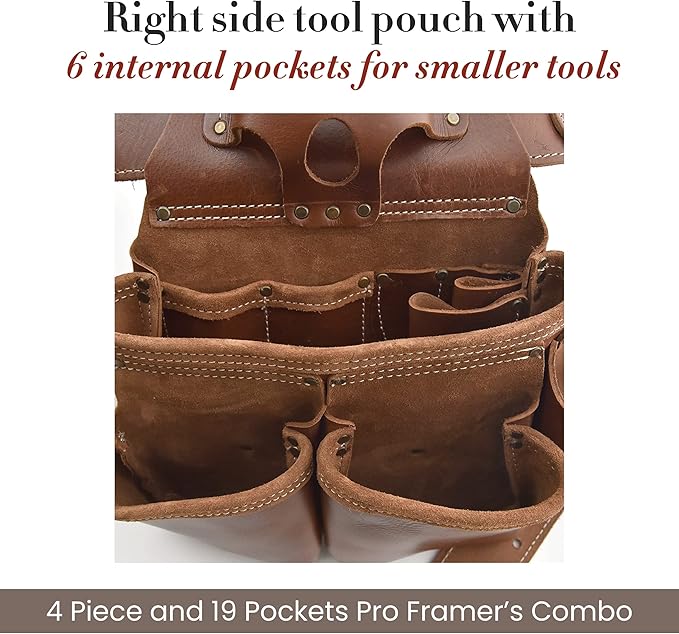 Style n Craft - 4 Piece and 19 Pockets Pro Framer’s Combo, Tool Belt with 2 Tool Pouches and 1 Pliers and Hammer Holder, Full-Grain Leather Carpenter Tool Belt Combo, Dark Tan (98444)