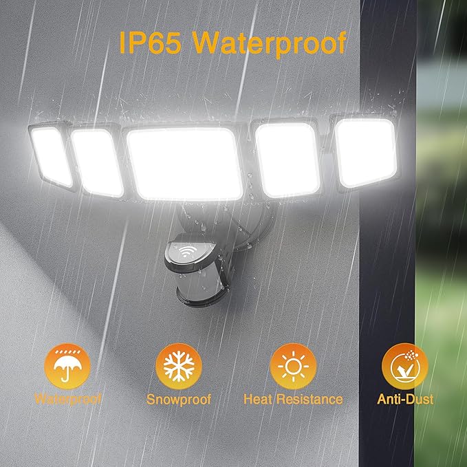 Onforu 55W Smart LED Security Lights Motion Sensor Outdoor 5 Heads, 340° Illumination WiFi Alexa Flood Light 5500LM APP Control, 2500K-6500K Exterior Motion Detector, IP65 Wall Light for Yard, Balck