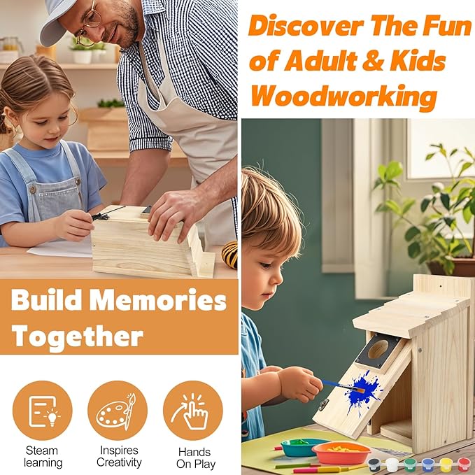 Wooden Bird Houses for Outside with Paint Set, Crafts & DIY Birdhouse Kits for Adults & Kids to Build, Bird House Outdoor for Bluebird Finch Swallow Wren Chickadee