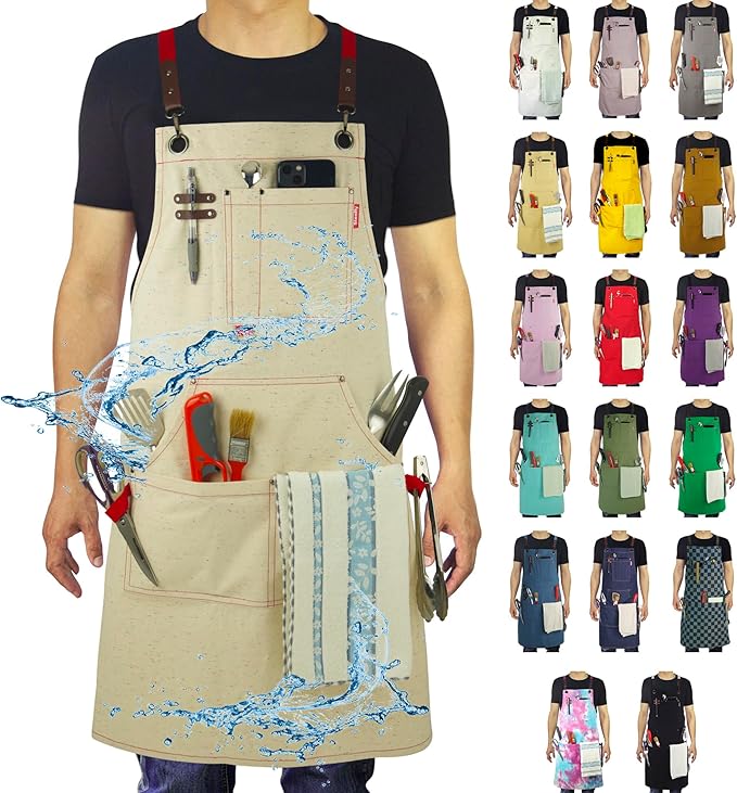 Work Aprons with Multiple Pockets, Waterproof Canvas for Cooking, Painting, Crafting, Gardening, Sizes M to XXL, Colorful Spots