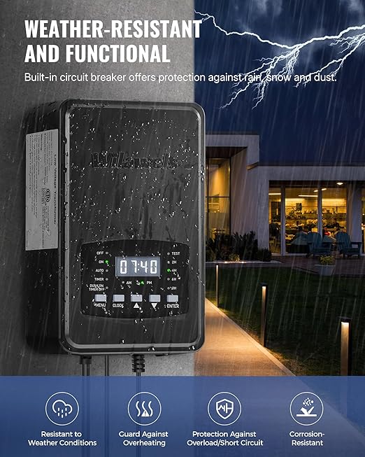 200W Low Voltage Landscape Transformer, Weatherproof Outdoor Low Voltage Transformer, 120V AC to 12/14V AC, Landscape Lighting Transformer with Timer and Photocell Sensor, ETL Listed D11LT06