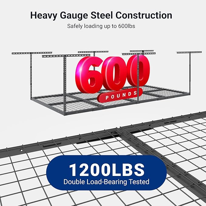 FLEXIMOUNTS 4x8 Overhead Garage Storage Rack, Adjustable Organization System, Heavy-Duty Metal Ceiling Racks, 750lbs Weight Capacity, Hammertone